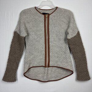 Shui Chen Wool Alpaca Blend Cardigan Leather Trim size XS oatmeal & brown